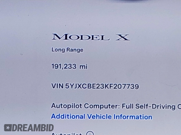 2019 Tesla Model X 75D with VIN 5YJXCBE23KF207739, listed as a IAAI auction lot 41808567 with 191,233 mi miles and . Bid and sale history available at DreamBid. Image 16.