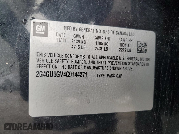 2012 Buick Regal Turbo Premium 3 with VIN 2G4GU5GV4C9144271, listed as a Copart auction lot 53874985 with 156,991 mi miles and Non repairable. Bid and sale history available at DreamBid. Image 13.
