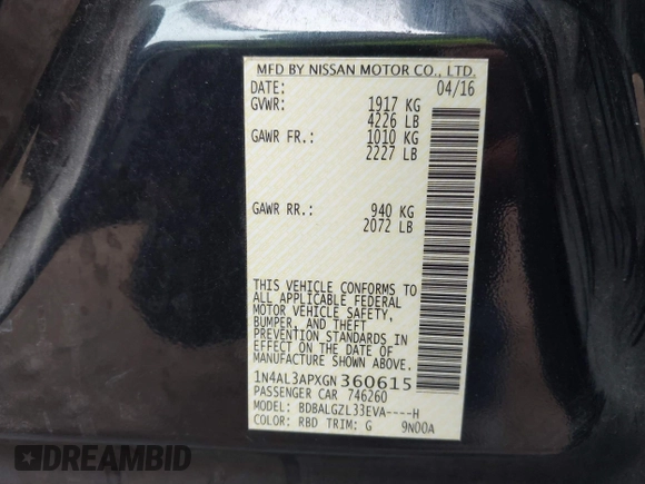 2016 Nissan Altima S with VIN 1N4AL3APXGN360615, listed as a IAAI auction lot 41866447 with 141,060 mi miles and . Bid and sale history available at DreamBid. Image 9.