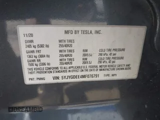 2021 Tesla Model Y Long Range with VIN 5YJYGDEE4MF076791, listed as a IAAI auction lot 41945750 with Not Provided miles and . Bid and sale history available at DreamBid. Image 8.