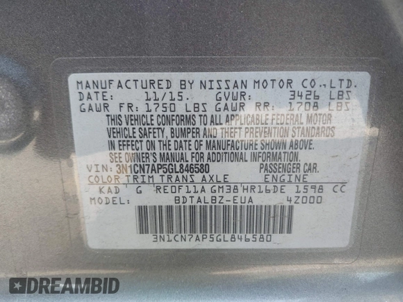 2016 Nissan Versa SV with VIN 3N1CN7AP5GL846580, listed as a IAAI auction lot 42714901 with 176,337 mi miles and . Bid and sale history available at DreamBid. Image 9.