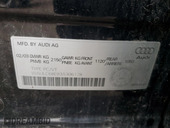 2003 Audi A4 1.8T with VIN WAULC68E93A306178, listed as a Copart auction lot 81489594 with 401,792 mi miles and Clean Title. Bid and sale history available at carsss.com. Image 12.