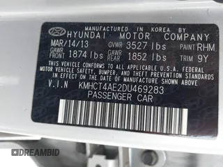 2013 Hyundai Accent GLS with VIN KMHCT4AE2DU469283, listed as a IAAI auction lot 41894969 with 231,072 mi miles and . Bid and sale history available at carsss.com. Image 9.