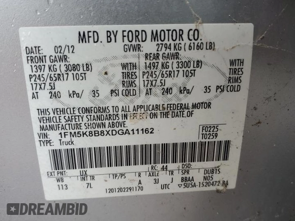 2013 Ford Explorer with VIN 1FM5K8B8XDGA11162, listed as a Copart auction lot 58077625 with Not provided miles and Clean title. Bid and sale history available at DreamBid. Image 12.