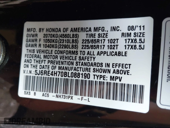 2011 Honda CR-V EX-L with VIN 5J6RE4H70BL088190, listed as a IAAI auction lot 42018214 with 104,013 mi miles. Bid and sale history available at carsss.com. Image 9.