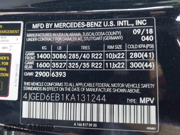 2019 Mercedes-Benz GLE 43 AMG with VIN 4JGED6EB1KA131244, listed as a IAAI auction lot 41369280 with 38,834 mi miles and . Bid and sale history available at DreamBid. Image 9.