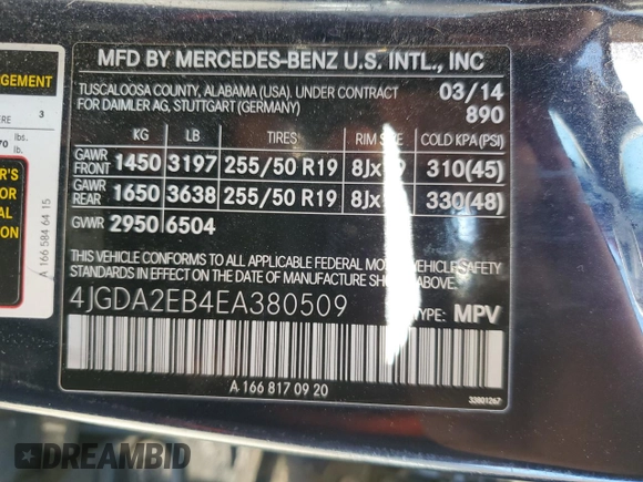 2014 Mercedes-Benz M 350 with VIN 4JGDA2EB4EA380509, listed as a Copart auction lot 85581994 with 146,794 mi miles and Salvage title. Bid and sale history available at DreamBid. Image 13.