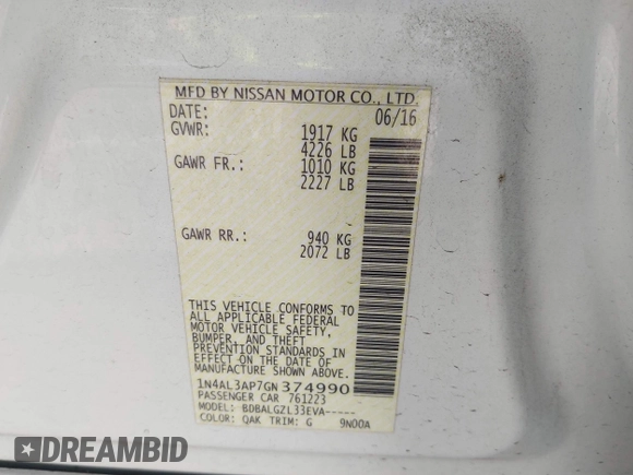 2016 Nissan Altima S with VIN 1N4AL3AP7GN374990, listed as a IAAI auction lot 41964551 with 110,720 mi miles and . Bid and sale history available at DreamBid. Image 9.