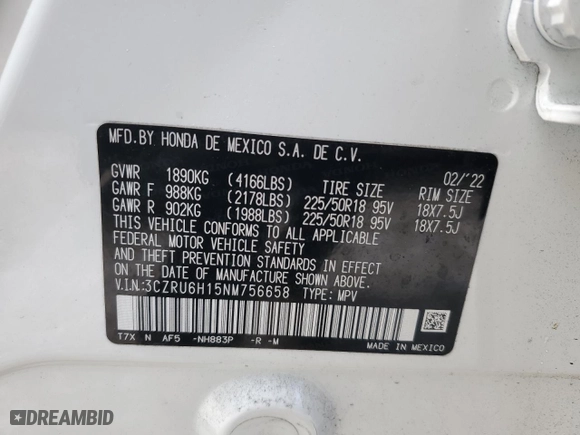 2022 Honda HR-V Sport with VIN 3CZRU6H15NM756658, listed as a Copart auction lot 44120765 with 26,521 mi miles and Salvage Title. Bid and sale history available at carsss.com. Image 13.