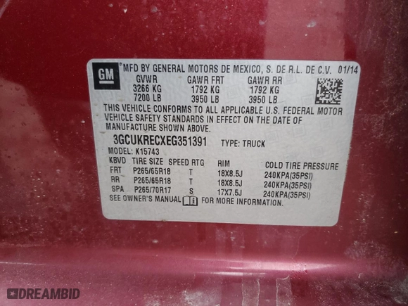 2014 Chevrolet Silverado 1500 LT with VIN 3GCUKRECXEG351391, listed as a Copart auction lot 46321995 with 183,020 mi miles and Clean Title. Bid and sale history available at carsss.com. Image 12.