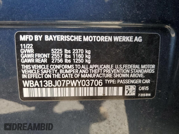 2023 BMW 5 Series 530i xDrive с VIN WBA13BJ07PWY03706, выставлен на аукционе Copart как лот 53126245 с пробегом 20 173 миль миль и Списание • Salvage title. История ставок и продаж доступна на DreamBid. Изображение 12.