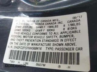 2017 Honda Civic Sedan LX with VIN 2HGFC2F57HH568416, listed as a IAAI auction lot 41812251 with 160,936 mi miles. Bid and sale history available at carsss.com. Image 9.