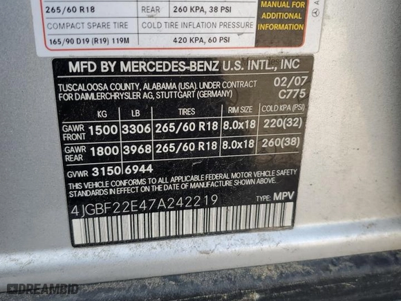 2007 Mercedes-Benz GL-Class with VIN 4JGBF22E47A242219, listed as a Copart auction lot 71835974 with 152,354 mi miles and Salvage Title. Bid and sale history available at carsss.com. Image 13.