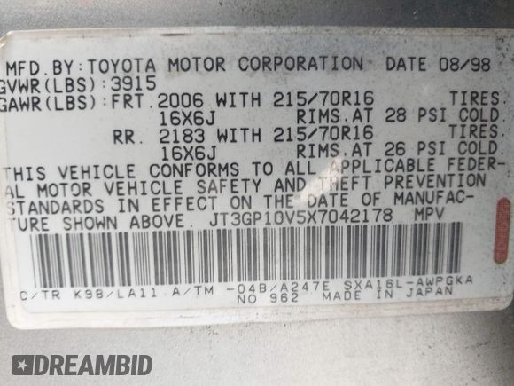 1999 Toyota RAV4 with VIN JT3GP10V5X7042178, listed as a IAAI auction lot 41939833 with 161,818 mi miles and . Bid and sale history available at DreamBid. Image 9.