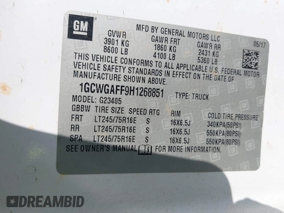 2017 Chevrolet Express Cargo with VIN 1GCWGAFF9H1268851, listed as a IAAI auction lot 42553603 with 231,252 mi miles and . Bid and sale history available at DreamBid. Image 8.