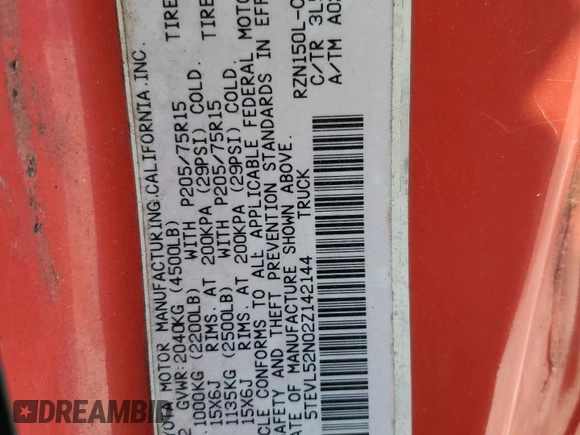 2002 Toyota Tacoma z VIN 5TEVL52N02Z142144, wystawiony jako Copart lot #46091785 z przebiegiem 224 493 mil mil oraz Nie do naprawy • Non repairable. Historia ofert i sprzedaży dostępna na DreamBid. Obrazek 13.