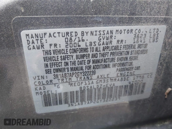 2016 Nissan Sentra SV with VIN 3N1AB7AP2GY322239, listed as a IAAI auction lot 41977820 with 67,643 mi miles and . Bid and sale history available at DreamBid. Image 9.