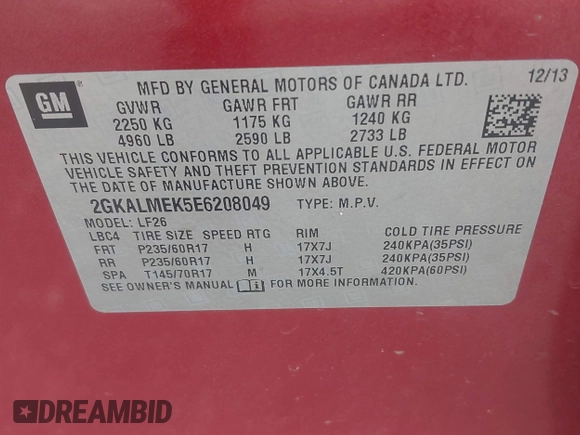 2014 GMC Terrain SLE with VIN 2GKALMEK5E6208049, listed as a IAAI auction lot 42719777 with 184,591 mi miles and . Bid and sale history available at DreamBid. Image 9.
