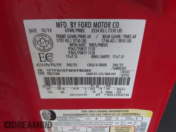 2014 Ford F-150 XL with VIN 1FTFW1EF6EKF96285, listed as a IAAI auction lot 42059897 with 144,860 mi miles and . Bid and sale history available at carsss.com. Image 9.