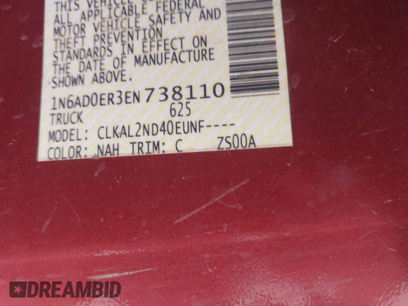 2014 Nissan Frontier SV with VIN 1N6AD0ER3EN738110, listed as a IAAI auction lot 41582449 with Not provided miles and . Bid and sale history available at DreamBid. Image 9.
