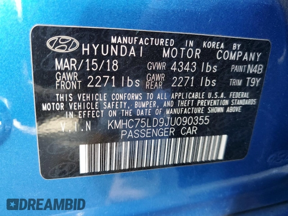 2018 Hyundai Ioniq Limited with VIN KMHC75LD9JU090355, listed as a Copart auction lot 71735373 with Not provided miles and . Bid and sale history available at DreamBid. Image 13.