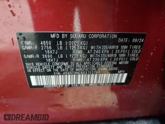 2025 Subaru Outback Limited с VIN 4S4BTANC8S3152260, выставлен на аукционе Copart как лот 51670535 с пробегом 1 349 миль миль и Списание • Salvage title. История ставок и продаж доступна на DreamBid. Изображение 15.