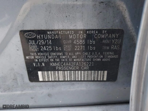 2015 Hyundai Sonata Hybrid Limited with VIN KMHEC4A42FA126221, listed as a IAAI auction lot 41281818 with 1 mi miles. Bid and sale history available at carsss.com. Image 9.