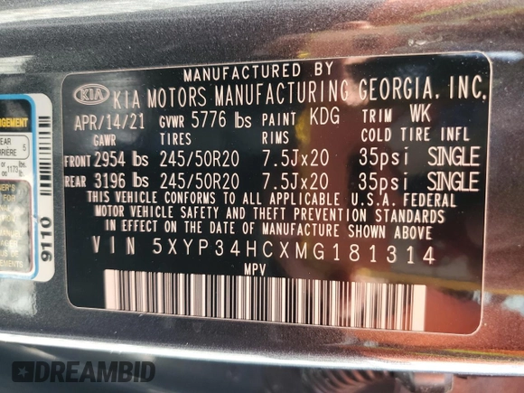 2021 Kia Telluride EX with VIN 5XYP34HCXMG181314, listed as a Copart auction lot 56170945 with 81,425 mi miles and Non repairable. Bid and sale history available at DreamBid. Image 14.