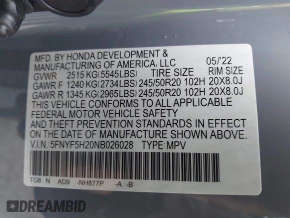 2022 Honda Pilot Special Edition with VIN 5FNYF5H20NB026028, listed as a IAAI auction lot 41801710 with 25,717 mi miles and . Bid and sale history available at carsss.com. Image 9.