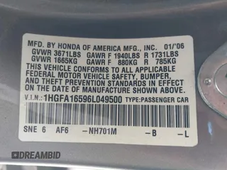 2006 Honda Civic LX with VIN 1HGFA16596L049500, listed as a IAAI auction lot 41801330 with 176,484 mi miles and . Bid and sale history available at DreamBid. Image 9.