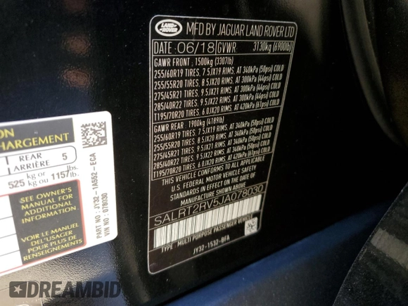 2018 Land Rover Discovery HSE Luxury with VIN SALRT2RV5JA078030, listed as a Copart auction lot 83476034 with 66,071 mi miles and Salvage Title. Bid and sale history available at DreamBid. Image 13.