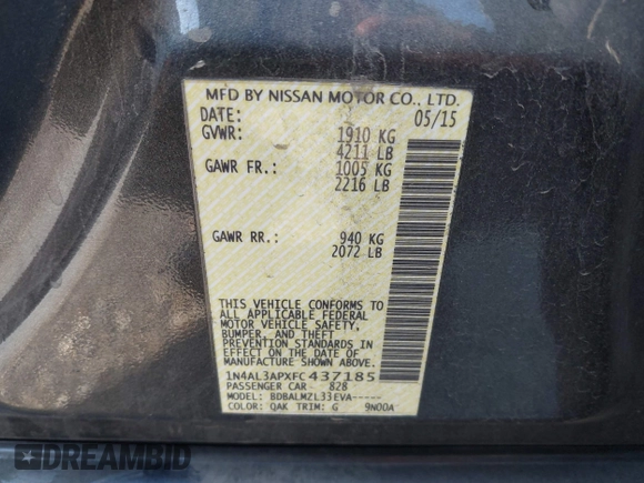 2015 Nissan Altima 2.5 S with VIN 1N4AL3APXFC437185, listed as a IAAI auction lot 41970221 with 134,141 mi miles and . Bid and sale history available at carsss.com. Image 9.