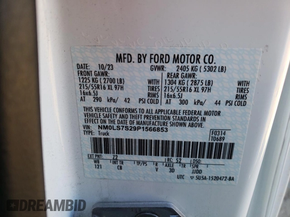 2023 Ford Transit Connect XL with VIN NM0LS7S29P1566853, listed as a Copart auction lot 48003585 with 71,088 mi miles and Salvage title. Bid and sale history available at DreamBid. Image 14.