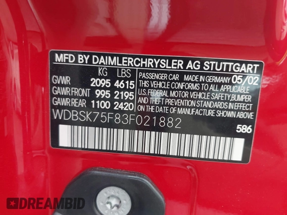 2003 Mercedes-Benz SL 500 z VIN WDBSK75F83F021882, wystawiony jako IAAI lot #42109858 z przebiegiem 67 731 mil mil oraz . Historia ofert i sprzedaży dostępna na DreamBid. Obrazek 9.