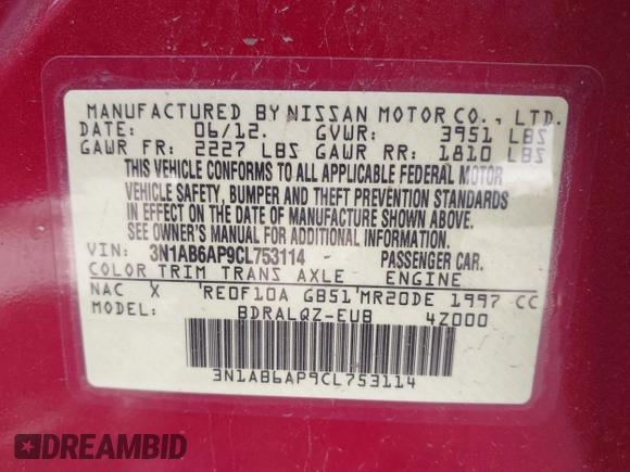 2012 Nissan Sentra S with VIN 3N1AB6AP9CL753114, listed as a IAAI auction lot 42378486 with 163,936 mi miles and . Bid and sale history available at DreamBid. Image 9.