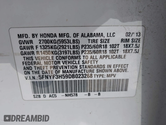 2013 Honda Pilot EX-L with VIN 5FNYF3H59DB023268, listed as a IAAI auction lot 41820375 with 157,097 mi miles. Bid and sale history available at carsss.com. Image 9.