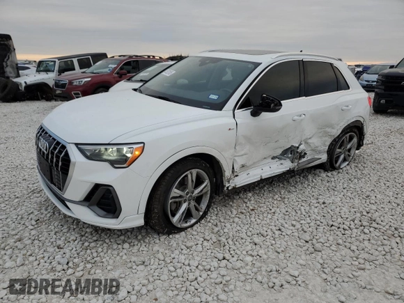 2020 Audi Q3 S line Premium with VIN WA1DECF33L1008687, listed as a Copart auction lot 41523185 with 56,905 mi miles and Salvage Title. Bid and sale history available at carsss.com. Image 1.