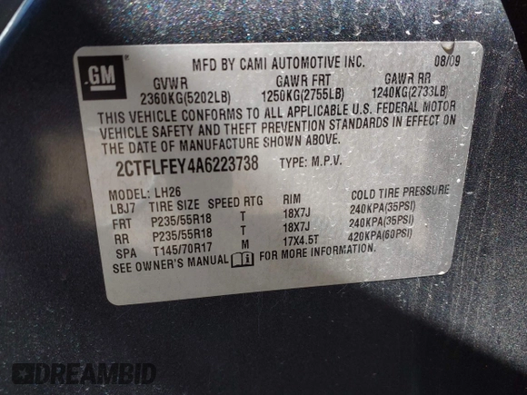 2010 GMC Terrain SLT-1 with VIN 2CTFLFEY4A6223738, listed as a IAAI auction lot 42081102 with 176,038 mi miles and . Bid and sale history available at carsss.com. Image 9.