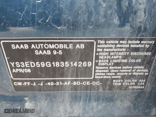 2008 Saab 9-5 with VIN YS3ED59G183514269, listed as a IAAI auction lot 42075510 with 180,262 mi miles. Bid and sale history available at carsss.com. Image 9.