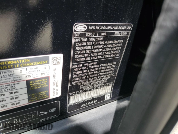 2018 Land Rover Range Rover Sport SE with VIN SALWG2RK9JA405574, listed as a Copart auction lot 54240505 with 74,537 mi miles and Clean Title. Bid and sale history available at carsss.com. Image 13.