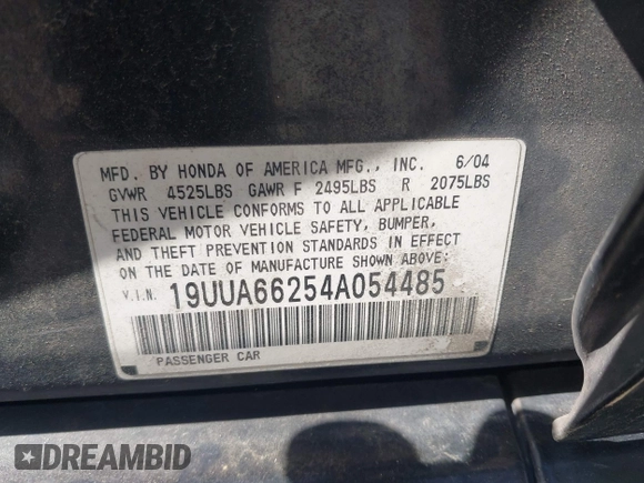 2004 Acura TL with VIN 19UUA66254A054485, listed as a IAAI auction lot 42149044 with 146,080 mi miles. Bid and sale history available at carsss.com. Image 9.