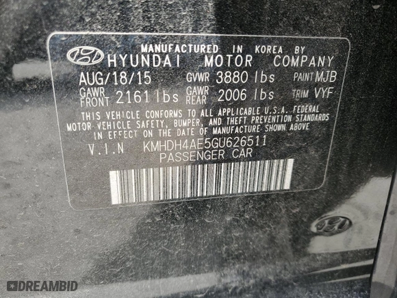 2016 Hyundai Elantra SE with VIN KMHDH4AE5GU626511, listed as a Copart auction lot 54536965 with 87,892 mi miles and Clean Title. Bid and sale history available at carsss.com. Image 12.