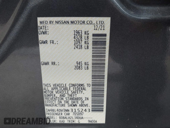 2022 Nissan Altima 2.5 SV with VIN 1N4BL4DV3NN315243, listed as a IAAI auction lot 41778337 with 58,259 mi miles. Bid and sale history available at carsss.com. Image 9.