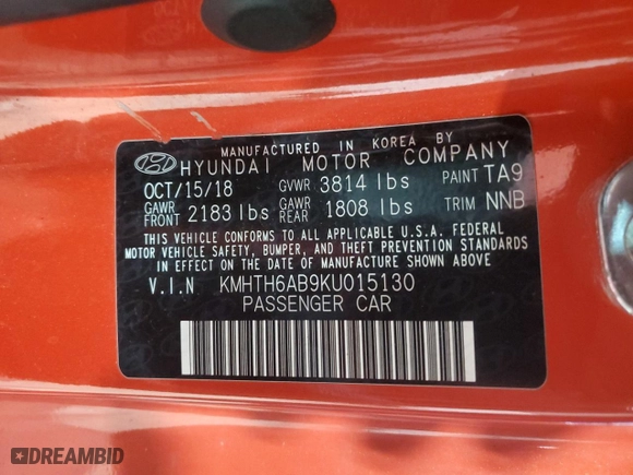 2019 Hyundai Veloster Turbo with VIN KMHTH6AB9KU015130, listed as a Copart auction lot 88855185 with 97,021 mi miles and Salvage Title. Bid and sale history available at carsss.com. Image 12.