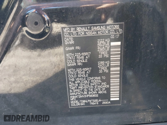 2017 Nissan Rogue SV with VIN KNMAT2MV0HP563632, listed as a IAAI auction lot 41827113 with 193,323 mi miles and . Bid and sale history available at carsss.com. Image 9.