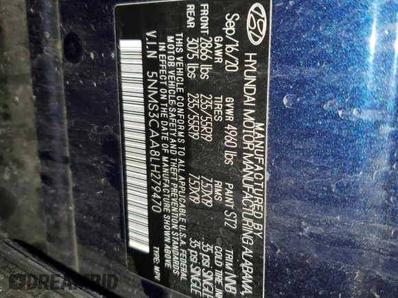 2020 Hyundai Santa Fe SEL with VIN 5NMS3CAA8LH279470, listed as a Copart auction lot 44563235 with 38,159 mi miles and Salvage Title. Bid and sale history available at carsss.com. Image 14.