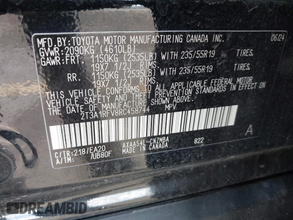 2024 Toyota RAV4 XLE Premium with VIN 2T3A1RFV8RC458744, listed as a IAAI auction lot 42031214 with 6,333 mi miles and . Bid and sale history available at DreamBid. Image 9.