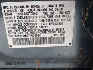2007 Honda Pilot EX-L with VIN 2HKYF18597H505684, listed as a IAAI auction lot 42635027 with Not provided miles and . Bid and sale history available at DreamBid. Image 9.
