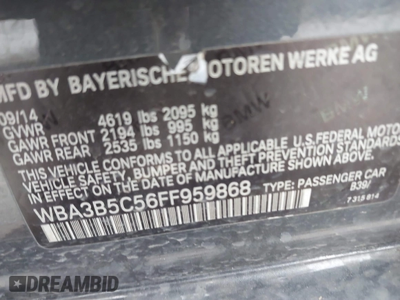 2015 BMW 3 Series 328i xDrive with VIN WBA3B5C56FF959868, listed as a IAAI auction lot 41219776 with 84,139 mi miles and . Bid and sale history available at DreamBid. Image 9.