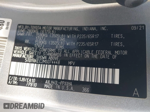 2021 Toyota Sienna XLE with VIN 5TDYRKEC2MS074448, listed as a IAAI auction lot 41946030 with 122,509 mi miles and . Bid and sale history available at DreamBid. Image 9.